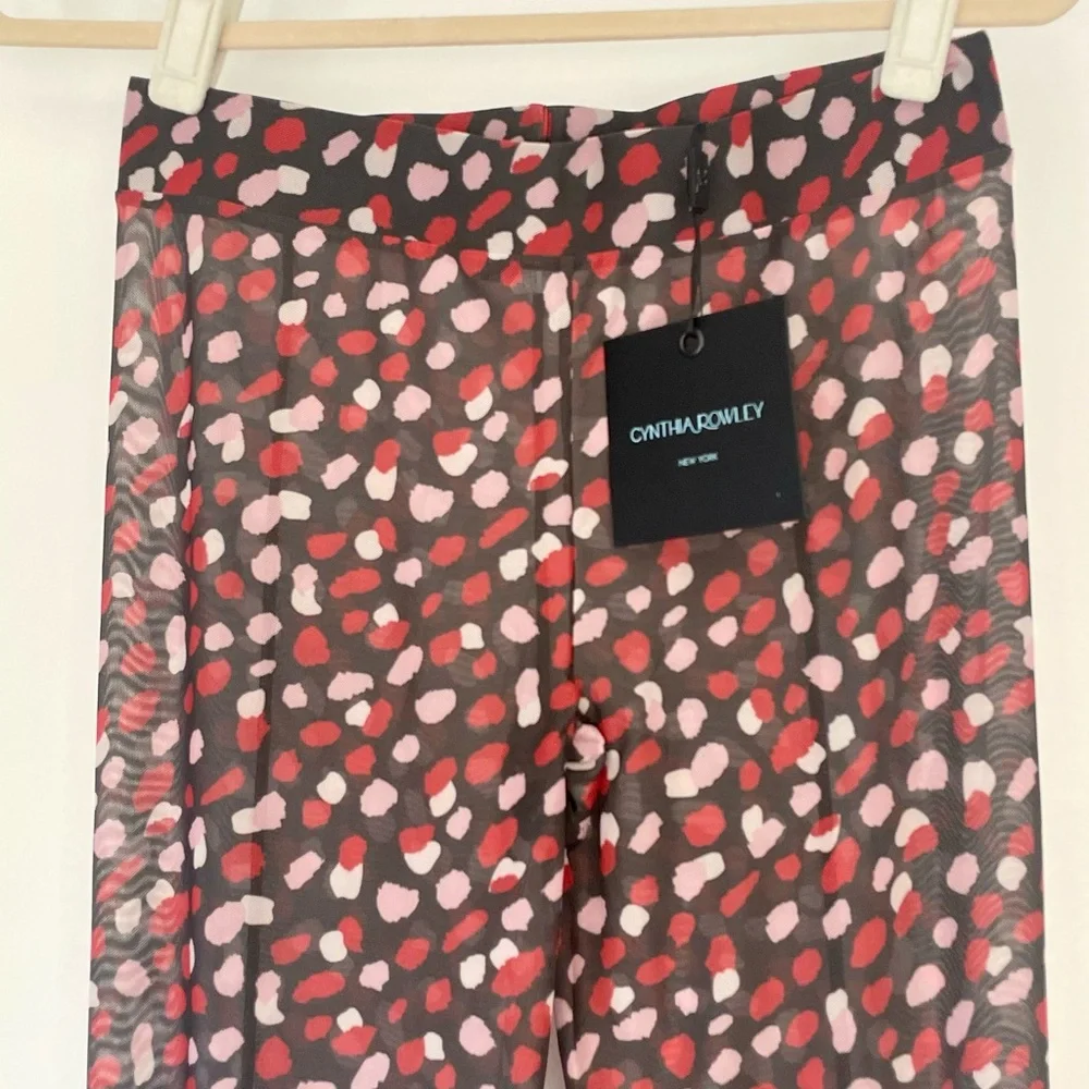 NWT Cynthia Rowley Modern Mesh (semi sheer) tights, waistband, black/red/pink, L